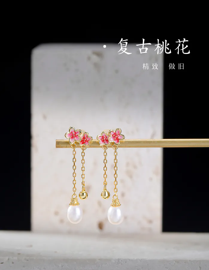 S925 Silver Plated 18K Gold Fashion Luster Enamel Orchid Earrings with Pearl